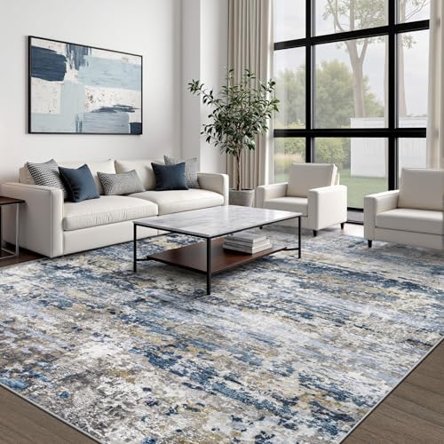 Pmtsns Large Washable Area Rug 8x10 Modern Abstract Neutral Blue Grey Brown Non-Slip Low-Pile for Living Room Bedroom Home Office