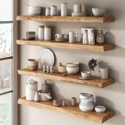 Venusmiles 24-Inch Live Edge Reclaimed Elm Floating Shelves - Heavy-Duty Wall Mount Set of 2 - Natural Finish