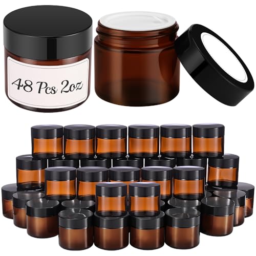 2 oz Amber Glass Jars with Black Lids - 48 Pack for DIY Skincare & Storage
