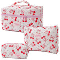 3-Piece Quilted Makeup Bag, Large Cute Coquette Pink Makeup Bag Set, Aesthetic Cosmetic Bags for Women, Travel Toiletry Bag Organizer with Zipper (Cherry Bow)