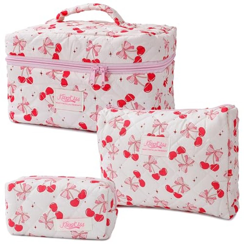3-Piece Quilted Makeup Bag, Large Cute Coquette Pink Makeup Bag Set, Aesthetic Cosmetic Bags for Women, Travel Toiletry Bag Organizer with Zipper (Cherry Bow)