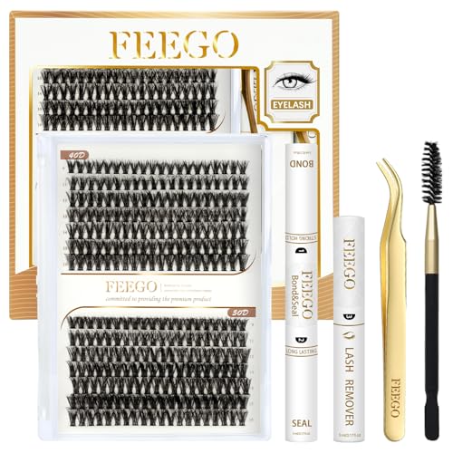 FEEGO Fluffy Eyelash Extensions Kit With Cluster Lashes, Eyelashes Extensions Kit 40D+50D 9-16mm DIY Lash Thick, Individual Lashes, Double-headed mascara brush, Remover (4050D Charming Kit)