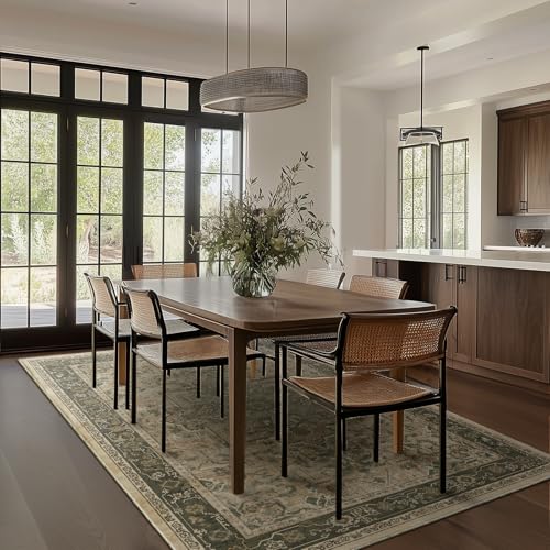 6x9 Foot Brown & Olive Green Vintage Medallion Area Rug - Non-Slip Washable Low Pile for Living Room & Bedroom - Modern Distressed Carpet
