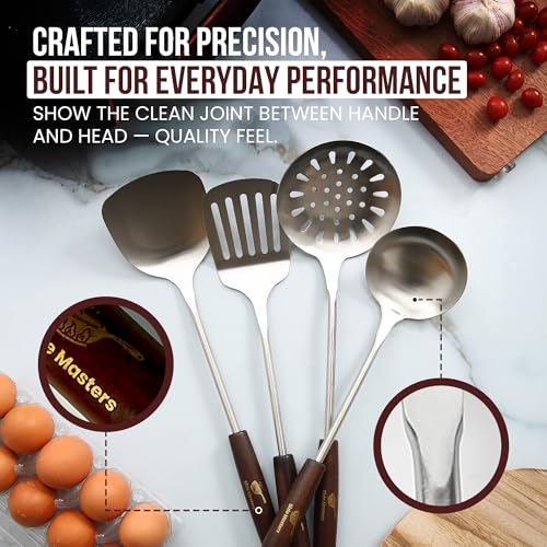 36cm Pre-Seasoned Cast Iron Wok with Wooden Lid & 4 Spatulas - Nonstick Stir-Fry Pan