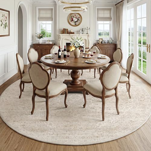 FMFUNCTEX 8ft Round Beige Vintage Area Rug - Washable, Non-Slip, Plush Living Room