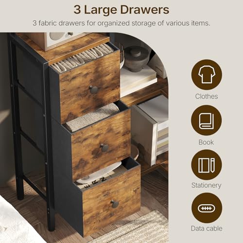 Corner Bookshelf 5-Tier L-Shaped Bookcase with 3 Fabric Drawers - Rustic Brown & Black