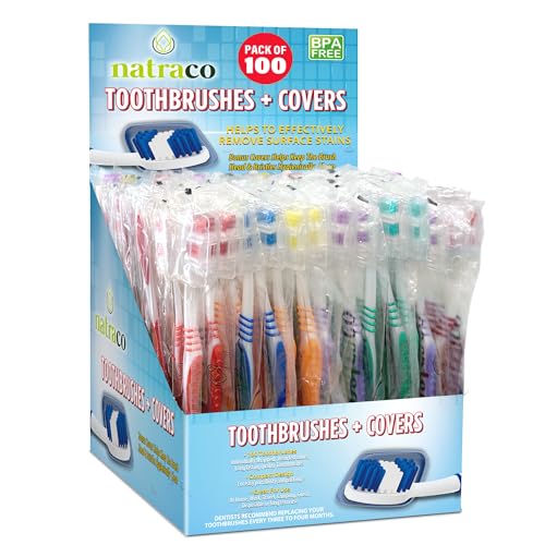 Natraco Bulk Toothbrush Pack with Covers – 100 Medium Soft, Individually Wrapped for Travel & Hotels