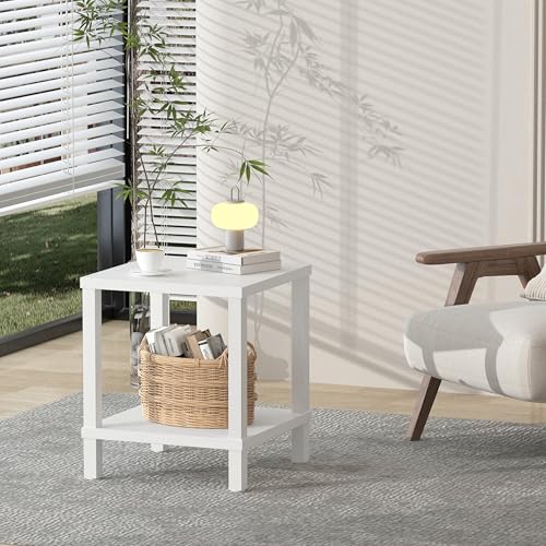 White Modern End Table with 2-Tier Storage Square Sofa Side Table