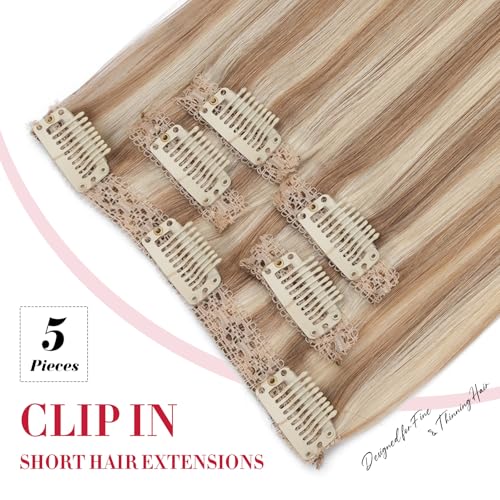 Short Clip-In Hair Extensions Real Remy Human Hair - 12 Inch Golden Brown Mix Bleach Blonde - 5 Pieces