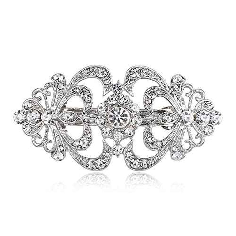 EVER FAITH Austrian Crystal Bridal Barrette Clip, 1920s Art Deco Two Heart Rhinestone Hair Accessories for Women Clear Silver-Tone