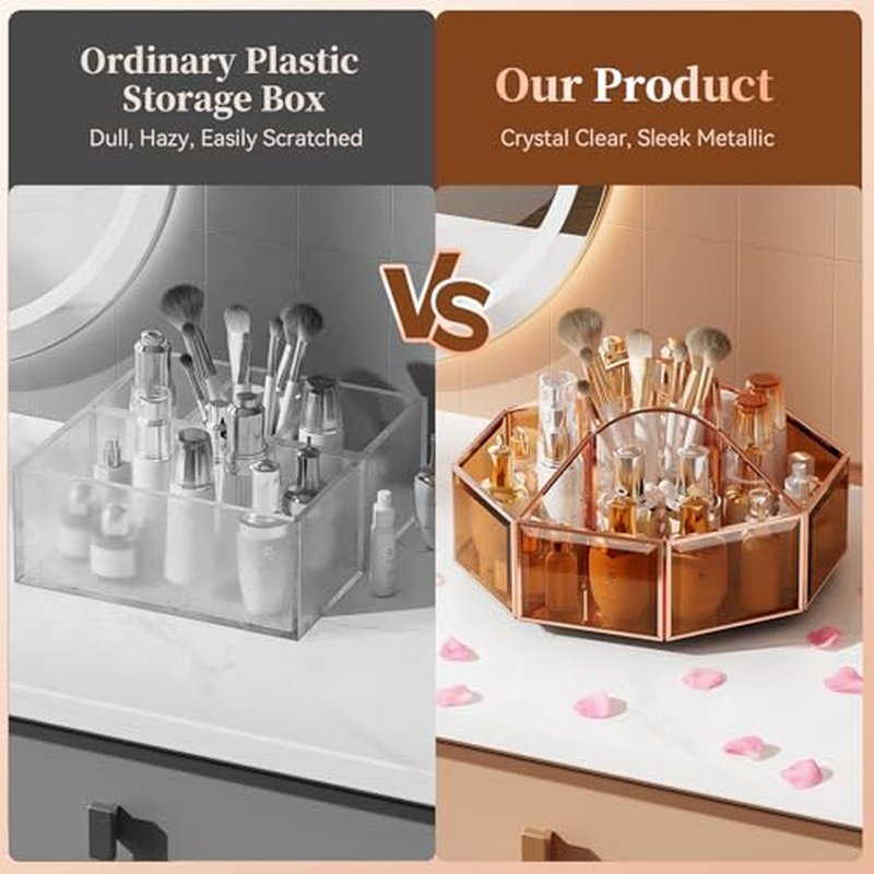 360¡Æ Rotating Makeup Organizer Spinning Vanity Organizer with Makeup Brush Holder for Countertop, Bathroom Storage, Skincare, Perfume & Cosmetic Organizer for Vanity Amber