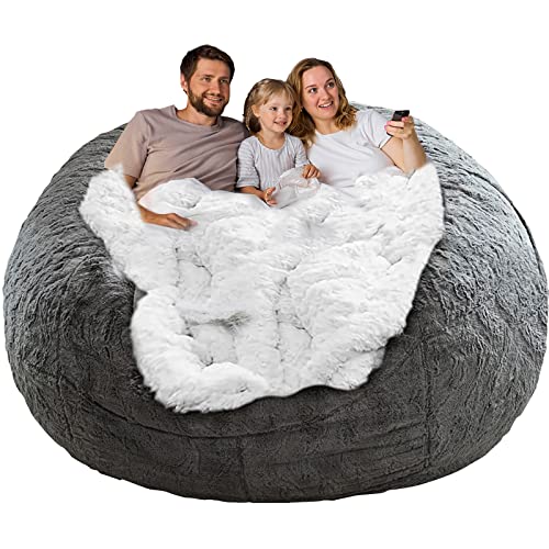 6ft Grey Bean Bag Chair Cover - Round Lazy Sofa Bed Cover for Adults