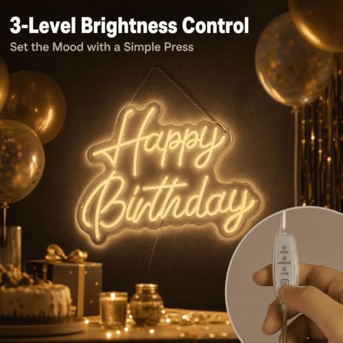 Happy Birthday Neon Sign - 22x16.9 Inch LED Dimmable Warm White Party Decor