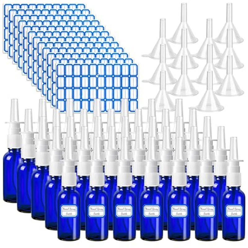 60 Pcs Nasal Spray Bottle Empty, Blue Glass Refillable Fine Mist Nasal Spray Bottles with 12 Funnels and 12 Labels (30ML/1oz)