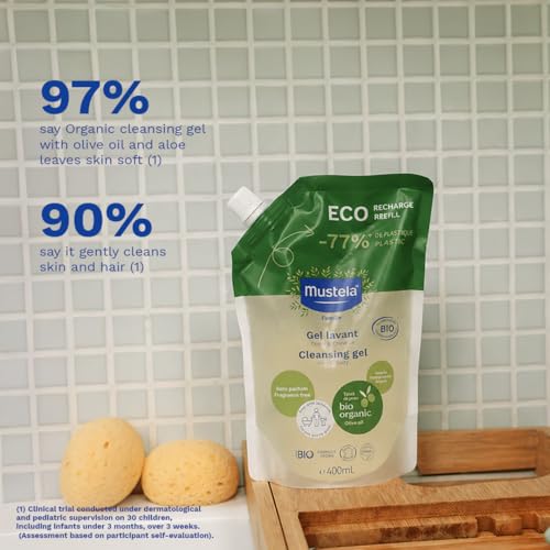 Mustela Organic Baby & Family Cleansing Gel Refill - Fragrance-Free, Tear-Free, Vegan, 13.52 fl oz