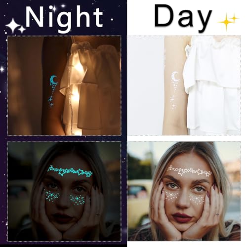 Blue Luminous Temporary Tattoos Glow in the Dark Music Festival Moon Tattoos Waterproof Planet Star Fake Tattoo Sticker for Women Men Face Body Arm Party Cute Skin Tattoo Decorations