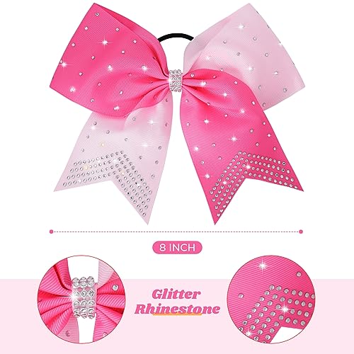 CEELGON 12 Pack Light Pink & Hot Pink Rhinestone Cheer Bows 7" Ponytail Holders for Cheerleaders Girls Sports