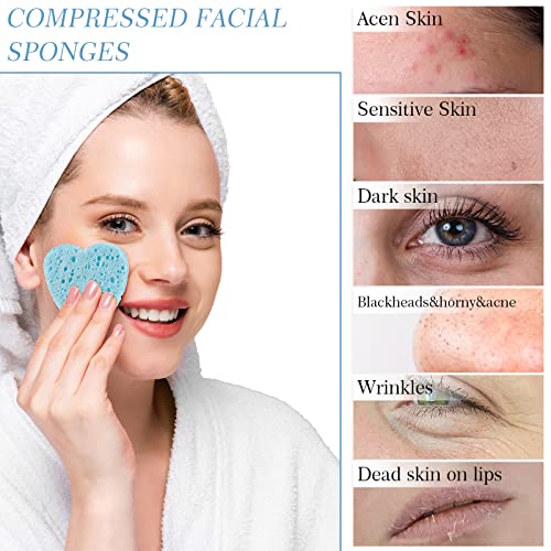 Heart-Shaped Compressed Facial Sponges Set - Light Blue, 120 Pcs with Storage