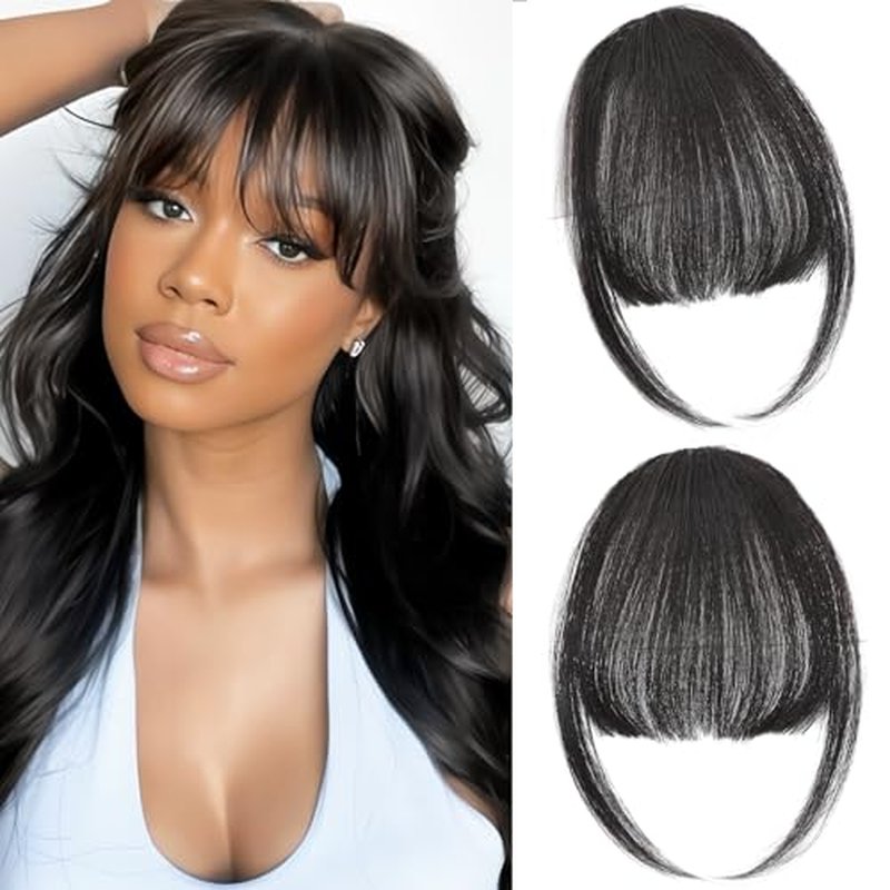 Clip in Bangs 100% Real Human Hair, Wispy Bangs Hair Clip, Fake Bang Fringe with Temples Hairpieces for Women Daily Wear (Natural Black, Wispy Bangs)