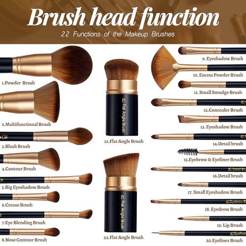 BS-MALL Black Gold Makeup Brush Set with 22 Pcs - Travel-Friendly Kit for Face & Eyes