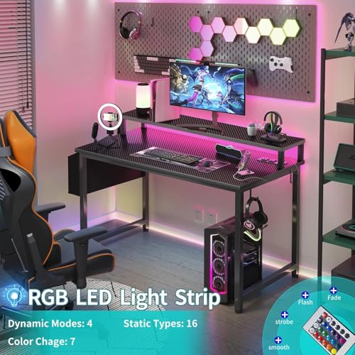 Lufeiya 40-Inch Gaming Desk with LED Lights & Power Outlets - Carbon Fiber Black