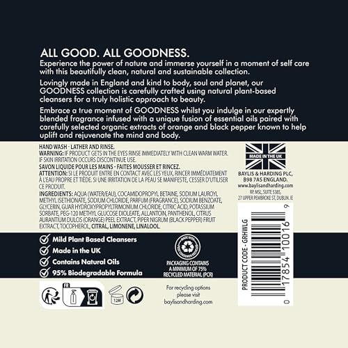 Baylis & Harding Liquid Hand Soap Wash with Dispenser, Goodness, Lemongrass & Ginger, 16.9oz/500ml