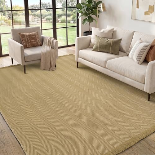 Boho Area Rug 6x9 with Tassels - Soft Washable Non-Slip Floor Decor - Natural Yellow Beige