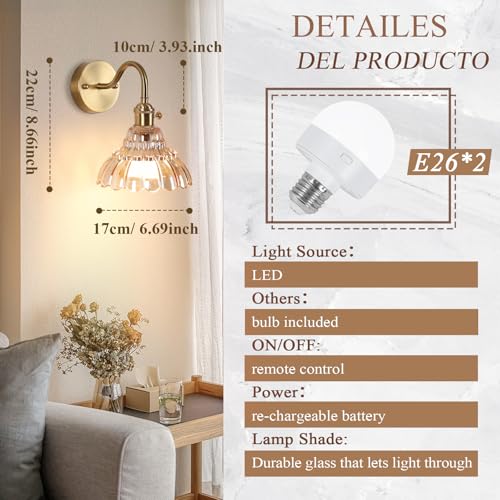 Flower Amber Rechargeable Battery-Operated Wall Sconce Set of 2 - Dimmable Wireless Brass Lamps with Remote for Bedroom Living Room