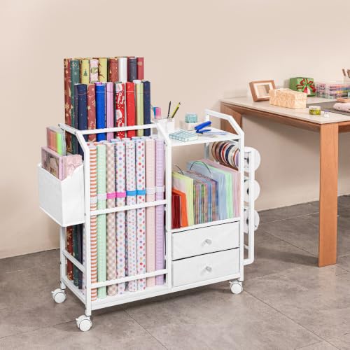 Aquzee White Large Wrapping Paper Storage Cart with Drawer & Ribbons