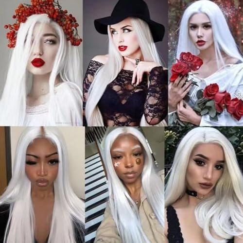 White Lace Front Synthetic Wig for Black Women - Pre Plucked Natural Hairline - Glueless Heat-Resistant Fiber - Variation: White