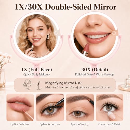 Pink Makeup Mirror with Lights, 30X Magnification, Adjustable Height Vanity Mirror