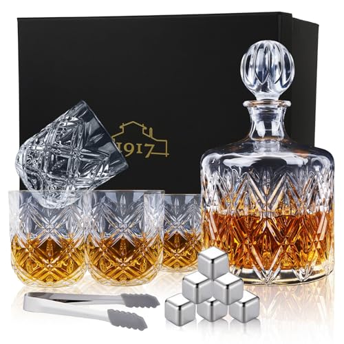 1917 Lead-Free Crystal Whiskey Decanter Set 37.2 oz with 4 Glasses and Gift Box