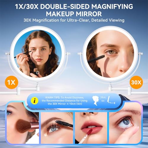9'' 30X/1X Wall Mounted Lighted Makeup Mirror, 5000mAh Rechargeable Double-Sided Magnifying Mirror with Light, Vanity Mirror Touch Dimmable 3 Colors 360¡Æ Rotation Extended Foldable Arm, Power Adapter