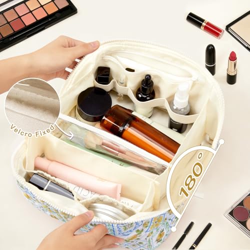 Lemon Print Travel Cosmetic Bag Organizer for Women - Large Quilted Makeup & Skincare Storage, Effortless Flat Lay Design, Vacation Essentials