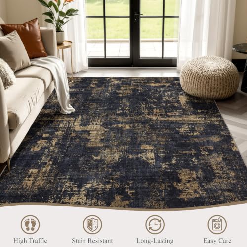 8x10 Black & Gold Washable Modern Abstract Area Rug - Rectangular