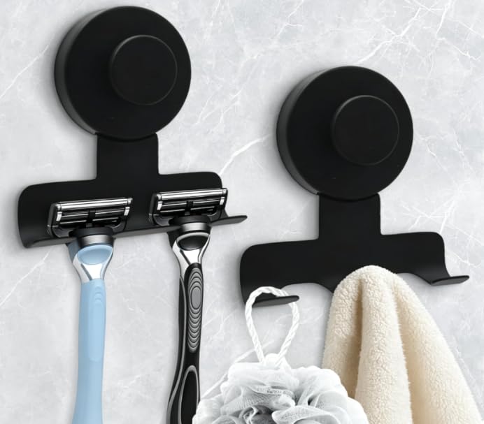 Matte Black Adhesive Shower Hooks 4-Pack - No Drill Rustproof Bathroom Storage