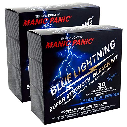 MANIC PANIC Blue Lightning Hair Bleach Kit - Mega Blue Bleach Powder + 30 Volume Developer - Neutralizes Warm Yellow Tones - Hair Lightener Lifts Up to 5 Levels - Vegan & Cruelty-Free (2 ct)