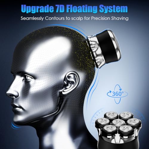 Electric Head Shaver for Bald Men - 7D Rotary Skull Razor Waterproof with LED Display - Black