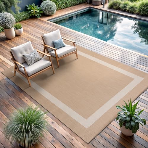 CAMILSON 5' x 7' Beige/White Border Outdoor Rug - Waterproof, UV-Resistant Indoor/Outdoor Patio & Porch Carpet
