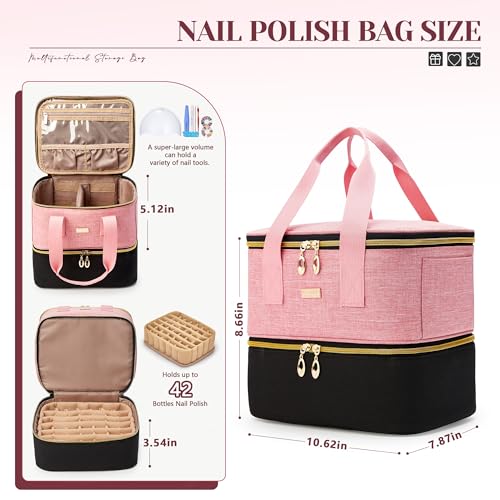 Nail Polish Organizer, Double Layer Nail Organizer and Storage Box Holds 42 Bottles & Nail Tech Kit Supplies, Large Capacity Nail Polish Organizer Case Carrying Bag