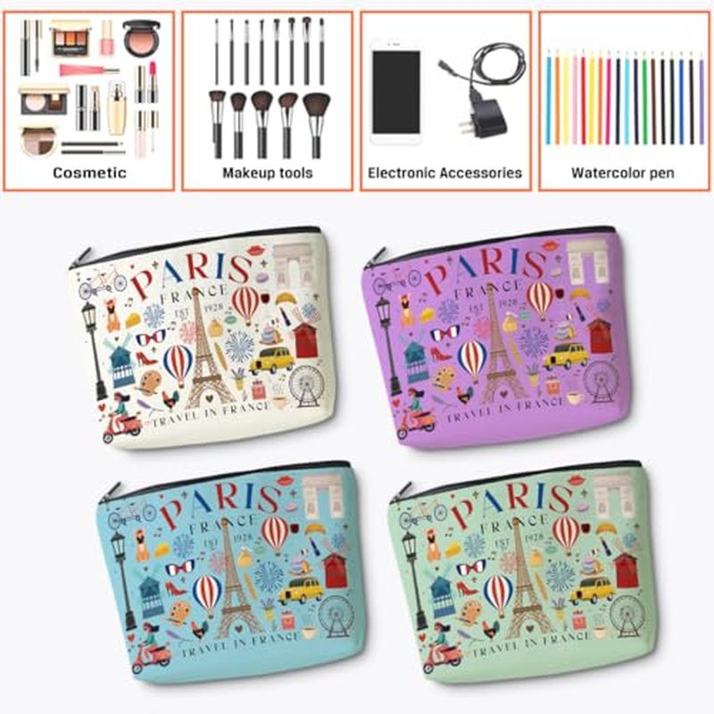 4pcs Funny Paris Travel Gifts for Women Makeup Bag France Paris Lovers Gift Birthday Mothers Day Anniversary Cosmetic Bag Toiletry Bags Travel Essentials Friendship Gifts for Girls Teacher Travelers