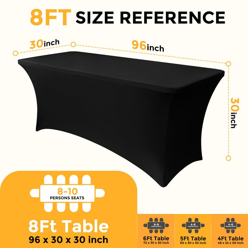 Black 8FT Spandex Tablecloth 10 Pack - Wrinkle-Resistant Fitted Cover for Banquet & Event Tables (96x30 Inches) Variation of THIS listing