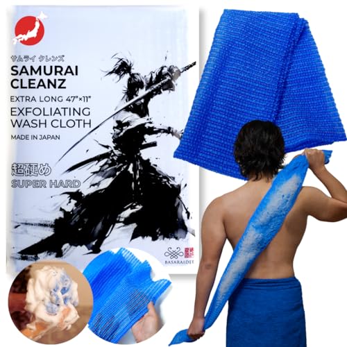 Samurai Cleanz, Resistant Exfoliating Washcloth for All Skin Types, Exfoliating Shower Towel, Premium Japanese washcloth, Deep Cleanse for Body Face, Quick Drying, Extra Long Design - Made in Japan
