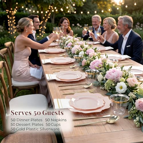 350Pcs Pink and Gold Disposable Plates Set for 50 Guests – Pink & Gold Dinnerware, 350 Pieces (50 each: plates, napkins, cutlery, cups) – WDF