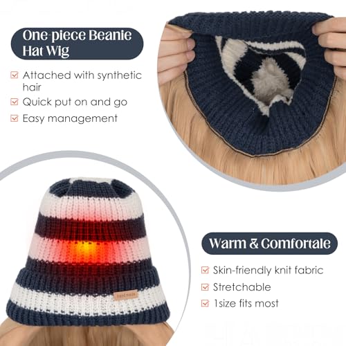 Hairro Beanie Wig Hat with Synthetic Hair - Winter Warm Knitted Cap for Women, 18" Blue & White Variation