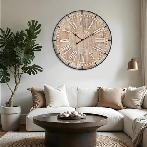 Farmhouse Wall Clock 30 Inch - Rustic Wood Metal Decor Silent Sweep Brown