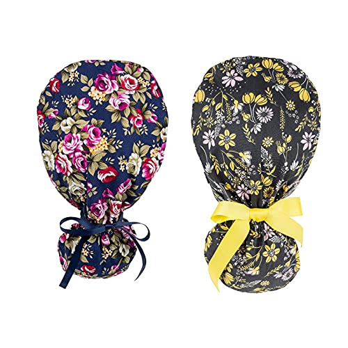FOHEEL Women's Scrub Cap with Buttons & Ribbon Tie - Multicolor One Size Nurse Hat with Ponytail Pouch