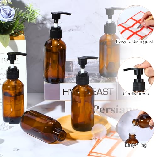 Tanlade 24 Pcs Glass Pump Bottle Dispenser 4 oz Travel Bottles with Pump Refillable Glass Containers for Toiletries Lotion Liquid Soap Shampoo Essential Oils Cosmetic Travel Accessories (Amber)