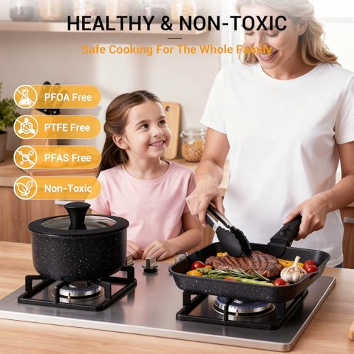 Ammeloo Non-Stick Pots and Pans Set with Detachable Handle - Grill Pan Set