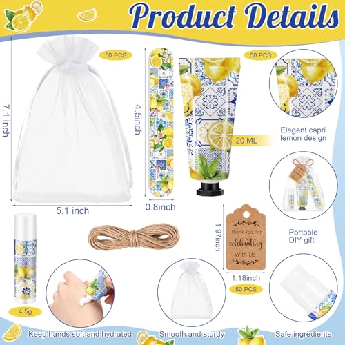 Leelosp 50 Sets Lemon Party Favors Hand Cream Lip Balm Nail File Gift Set